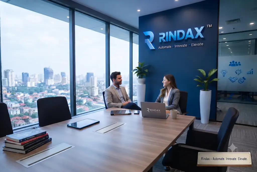 This image about two professionals in a modern office overlooking a city skyline, sitting at a conference table with a Rindax branded laptop and a blue feature wall displaying the Rindax logo and the tagline 'Automate. Innovate.