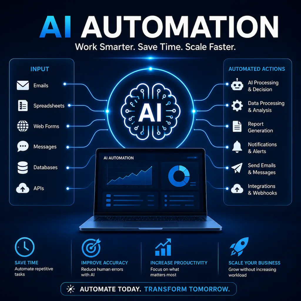 AI automation solution for smart business workflows, data processing, and productivity