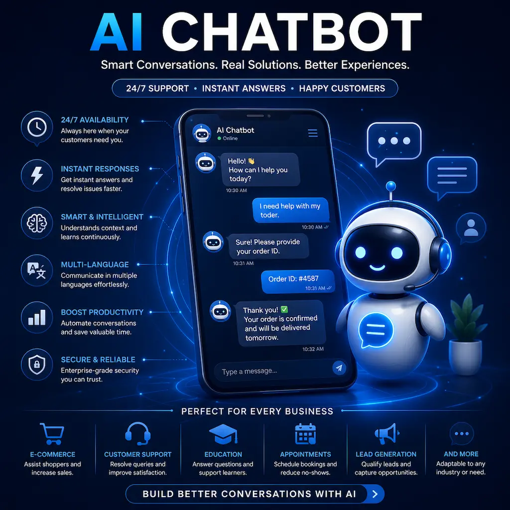 AI chatbot providing 24/7 customer support, instant responses, multilingual communication, and intelligent automated conversations for businesses.