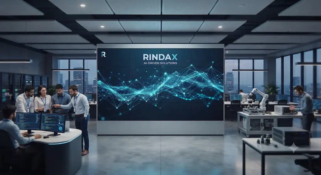 RINDAX™ AI-driven solutions brand identity displayed on a large digital screen in a modern office with engineers working on AI automation workflows