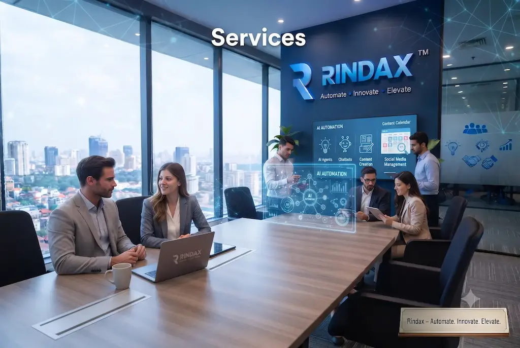 A professional team in a modern office collaborating on AI automation services. A digital interface displaying 'AI Automation' and 'Content Calendar' floats above the table, with the Rindax logo and 'Automate. Innovate. Elevate.' tagline visible on the blue feature wall.